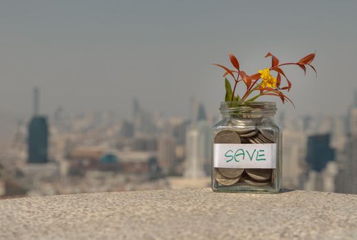The pile of coins in glass bottle on cityscape background for concept for growth and saving money. Space for text input, Selective focus.