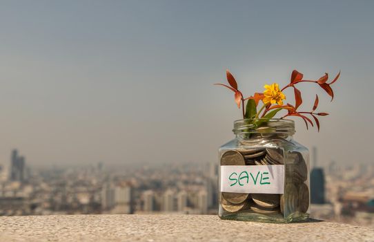 The pile of coins in glass bottle on cityscape background for concept for growth and saving money. Space for text input, Selective focus.
