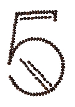 Number 5 made from roasted coffee seeds isolated on white background with clipping path from the top view can use for your messages. Selective focus.