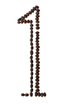 Number 1 made from roasted coffee seeds isolated on white background with clipping path from the top view can use for your messages. Selective focus.