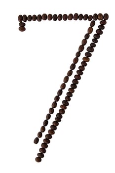 Number 7 made from roasted coffee seeds isolated on white background with clipping path from the top view can use for your messages. Selective focus.