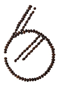 Number 6 made from roasted coffee seeds isolated on white background with clipping path from the top view can use for your messages. Selective focus.
