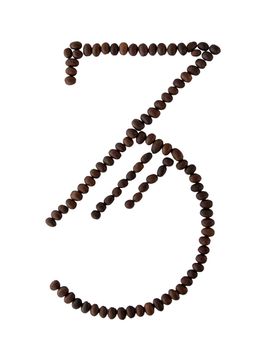 Number 3 made from roasted coffee seeds isolated on white background with clipping path from the top view can use for your messages. Selective focus.