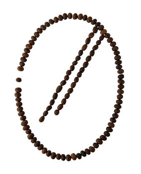 Number 0 made from roasted coffee seeds isolated on white background with clipping path from the top view can use for your messages. Selective focus.