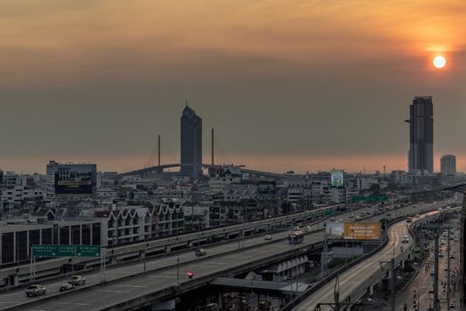 Bangkok, Thailand - Dec 28, 2020 : Aerial view of Beautiful scenery view of Skyscraper Evening time before Sunset creates relaxing feeling for the rest of the day. No focus, specifically.