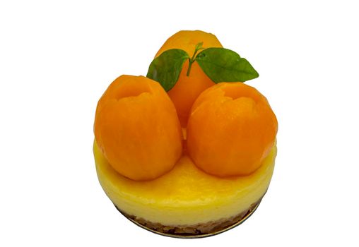 French dessert tart with Mayomgchid fruit closeup isolated on white background. Mayomgchid tart is on a golden cardboard cake base with clipping path.