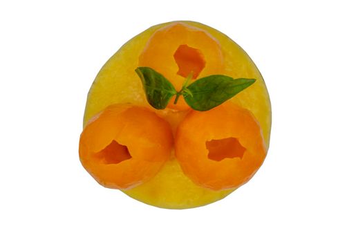 French dessert tart with Mayomgchid fruit closeup isolated on white background. Mayomgchid tart is on a golden cardboard cake base with clipping path.