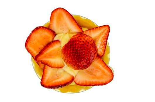 French dessert tart with Strawberry fruit closeup isolated on white background. Strawberry tart is on a golden cardboard cake base with clipping path.