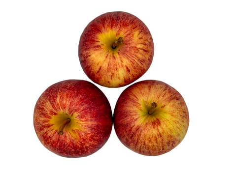 Ripe red apples fruit closeup isolated on white background with clipping path. Top view, Selective focus.
