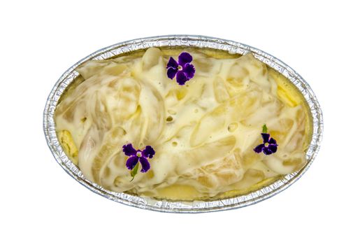 Fusion thai sweet dessert : Toddy palm cheese cake isolated on white background with clipping path. Delicious seasonal breakfast. Top view, Selective focus.