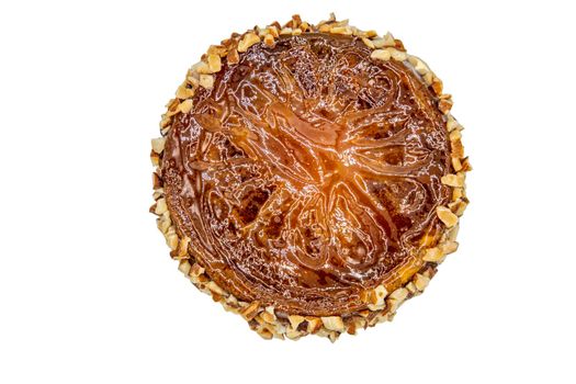 Fusion thai sweet dessert : Bael fruit cake isolated on white background with clipping path. Delicious seasonal breakfast. Top view, Selective focus.