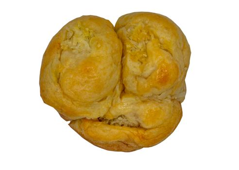 Traditional homemade bread thai : Coconut Bread bake isolated on white background with clipping path. Top view, Selective focus.