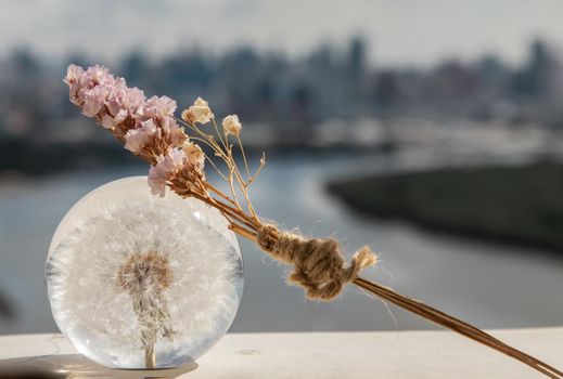 Dried flowers on Crystal glass in river background. World Environment concept. Copy space.