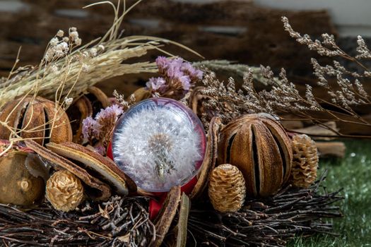 The freshness of Flower in Crystal glass in the middle of Dried flowers. World Environment and Ecology concept, Nature background.