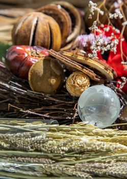 The freshness of Glass crystal globe in the middle of dried flowers. World Environment and Ecology concept, nature background.