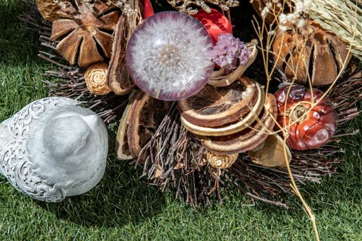 View through the pigeon see the freshness of Glass crystal globe in the middle of dried flowers. World Environment and Ecology concept, nature background.