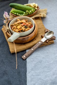 Thai style food : Panaeng Curry with Pork menu with Coconut milk (Dried red pork coconut curry) Served with vegetable. Delicious and famous Thailand food.