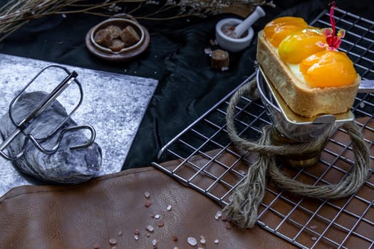 Traditional French sweet dessert : Mayomgchid tart on beautiful background. One piece, Delicious seasonal breakfast, Selective focus.