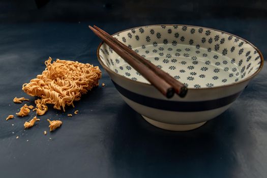 Easy food, Dried instant noodles and hot water in a bowl.