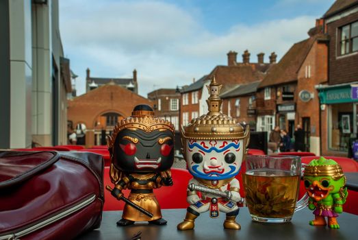 London, England - Jan 13, 2019 : Ravana, Giantess and Hanuman Happy traveller visiting in England. Traveller doll.