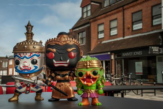London, England - Jan 13, 2019 : Ravana, Giantess and Hanuman Happy traveller visiting in England. Traveller doll.