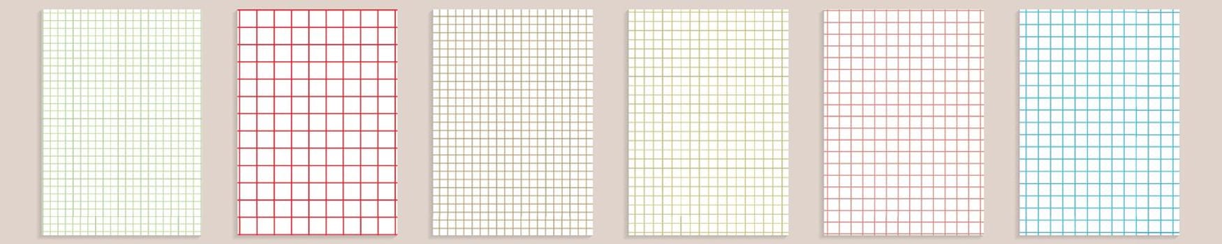 Grid paper set. Abstract squared background with color graph. Geometric pattern for school, wallpaper, textures, notebook. Lined blank A4 isolated on transparent background. Millimeter graph grid.