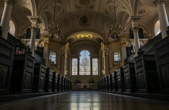 LONDON, UK - APR 19, 2019 : St Martin in the Field church interior at the north-east corner of Trafalgar Square.