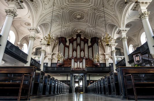 LONDON, UK - APR 19, 2019 : St Martin in the Field church interior at the north-east corner of Trafalgar Square.