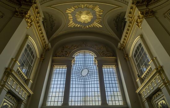 LONDON, UK - APR 19, 2019 : Leaded glass window at St. Martin in the fields church at the north-east corner of Trafalgar Square.