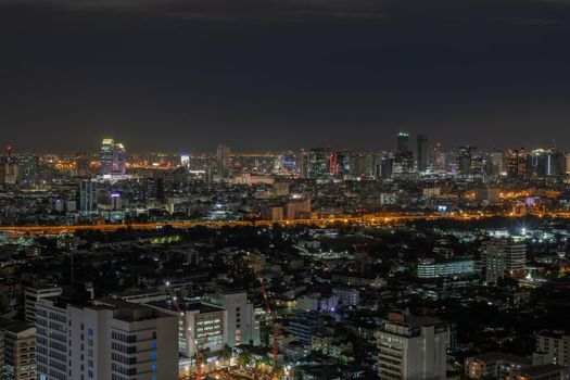 Bangkok, thailand - Aug 28, 2020 : Bangkok downtown cityscape with skyscrapers at night give the city a modern style. Selective focus.