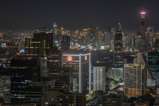 Bangkok, thailand - Aug 28, 2020 : Bangkok downtown cityscape with skyscrapers at night give the city a modern style. Selective focus.
