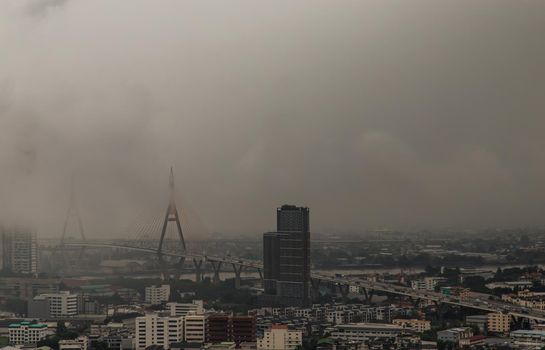Bangkok, thailand - Oct 16, 2020 : PM 2.5 or Heavy smog was covered the Bangkok building the morning.There are air pollution under heavy cloud. Focus and blur.