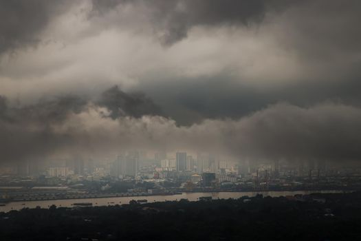 Bangkok, thailand - Oct 16, 2020 : PM 2.5 or Heavy smog was covered the Bangkok building the morning.There are air pollution under heavy cloud. Focus and blur.