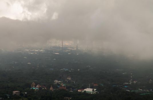 Bangkok, thailand - Oct 16, 2020 : PM 2.5 or Heavy smog was covered the Bangkok building the morning.There are air pollution under heavy cloud. Focus and blur.