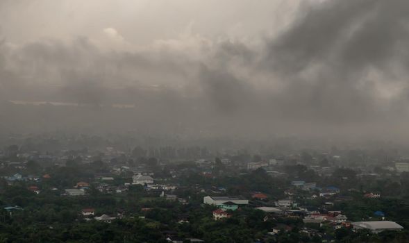 Bangkok, thailand - Oct 16, 2020 : PM 2.5 or Heavy smog was covered the Bangkok building the morning.There are air pollution under heavy cloud. Focus and blur.