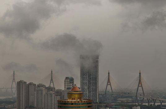 Bangkok, thailand - Oct 16, 2020 : PM 2.5 or Heavy smog was covered the Bangkok building the morning.There are air pollution under heavy cloud. No focus, specifically.
