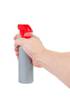 bare white hand holding gray plastic spray bottle - isolated on white background.