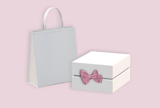 Gift box with pink bow, paper bag on pastel pink background. White box side view, place for text, mock up. Valentines, love design, sale, surprise, gift, birthday, wedding, mock up. 3D render