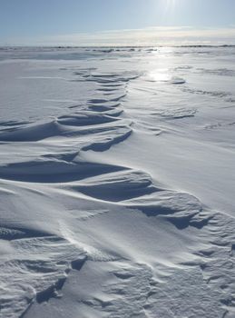 Ice slopes in sunny winter day, transparent ice of blue color, purely blue sky, long shadows, a pure snow-covered virgin soil, snow barkhans, . High quality photo