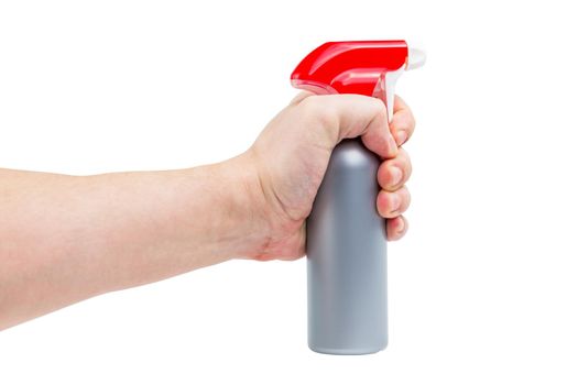 bare white hand holding gray plastic spray bottle - isolated on white background.