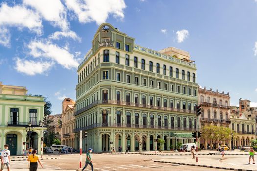 Havana Cuba. November 25, 2020: Exterior of the Hotel Saratoga in Havana a place visited by tourists