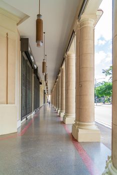 Havana Cuba. November 25, 2020: Exterior corridors on the ground floor of the Gran Hotel Manzana, a place visited by tourists