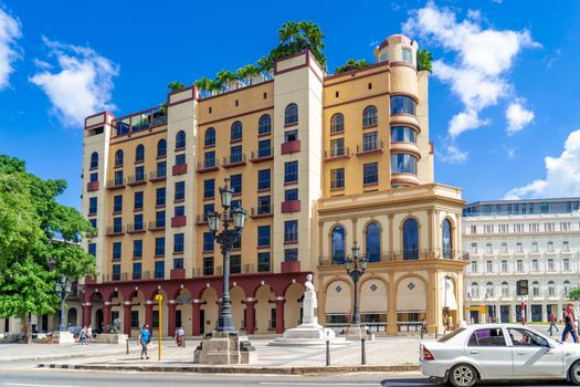 Havana Cuba. November 25, 2020: Exterior view of the Parque Central Hotel and El Paseo Restaurant, places frequented by tourists