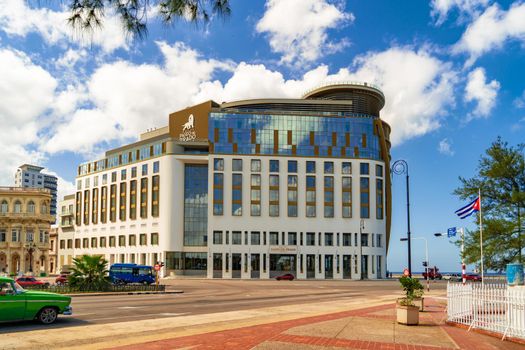 Havana Cuba. November 25, 2020: Hotel Paseo del Prado, modern building on the Malecon in Havana. Place visited by tourists.