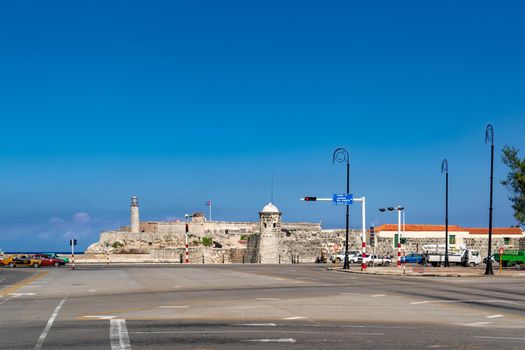 Havana Cuba. November 25, 2020: Morro de la Habana seen from Paseo Marti on a sunny day with blue skies. Historical and tourist place