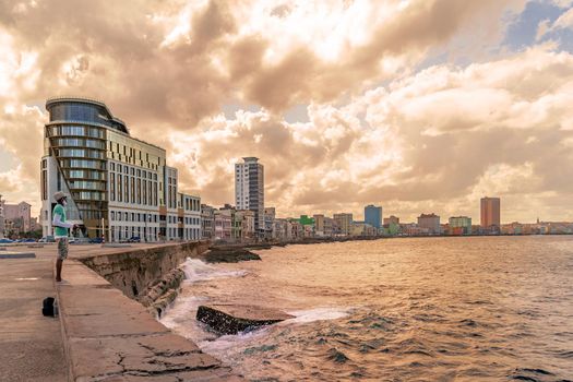 Havana Cuba. November 25, 2020: Panoramic of the Malecon of Havana, coastline with its buildings, the avenue of the malecon and the sea. One of the most famous places in Havana.