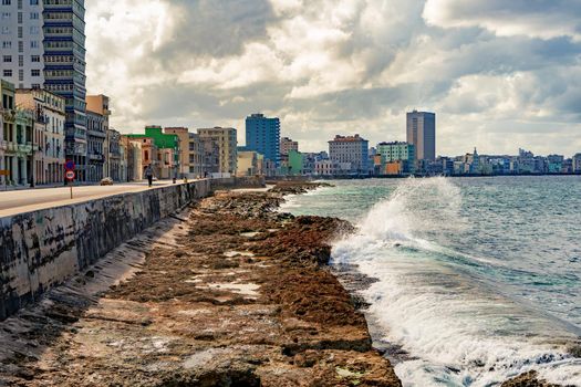 Havana Cuba. November 25, 2020: Panoramic of the Malecon of Havana, coastline with its buildings, the avenue of the malecon and the sea. One of the most famous places in Havana.