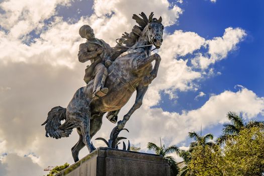 Havana Cuba. November 25, 2020: View of the statue of Jose Marti on his horse, in the Plaza 13 de Marzo