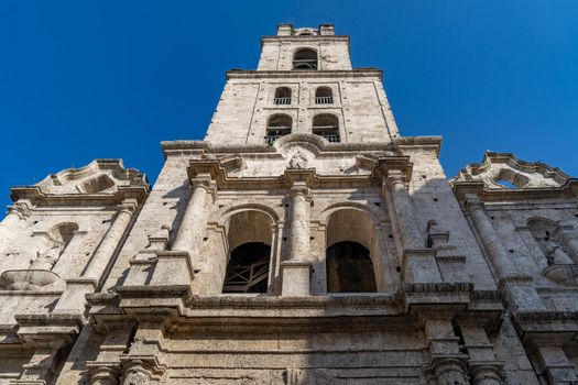 Havana Cuba. November 25, 2020: Tower of the building of San Francisco de Asis, in Old Havana