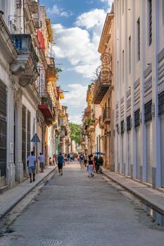 Havana Cuba. November 25, 2020: Old Havana street and its colonial buildings. Famous place and much visited by tourists